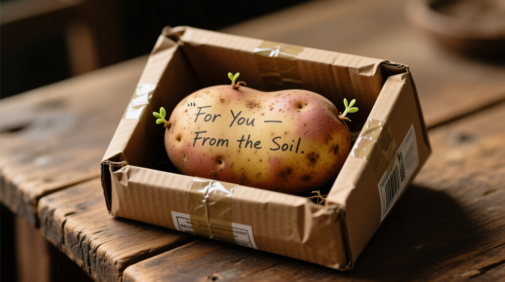 Handwritten message on a russet potato with shipping package
