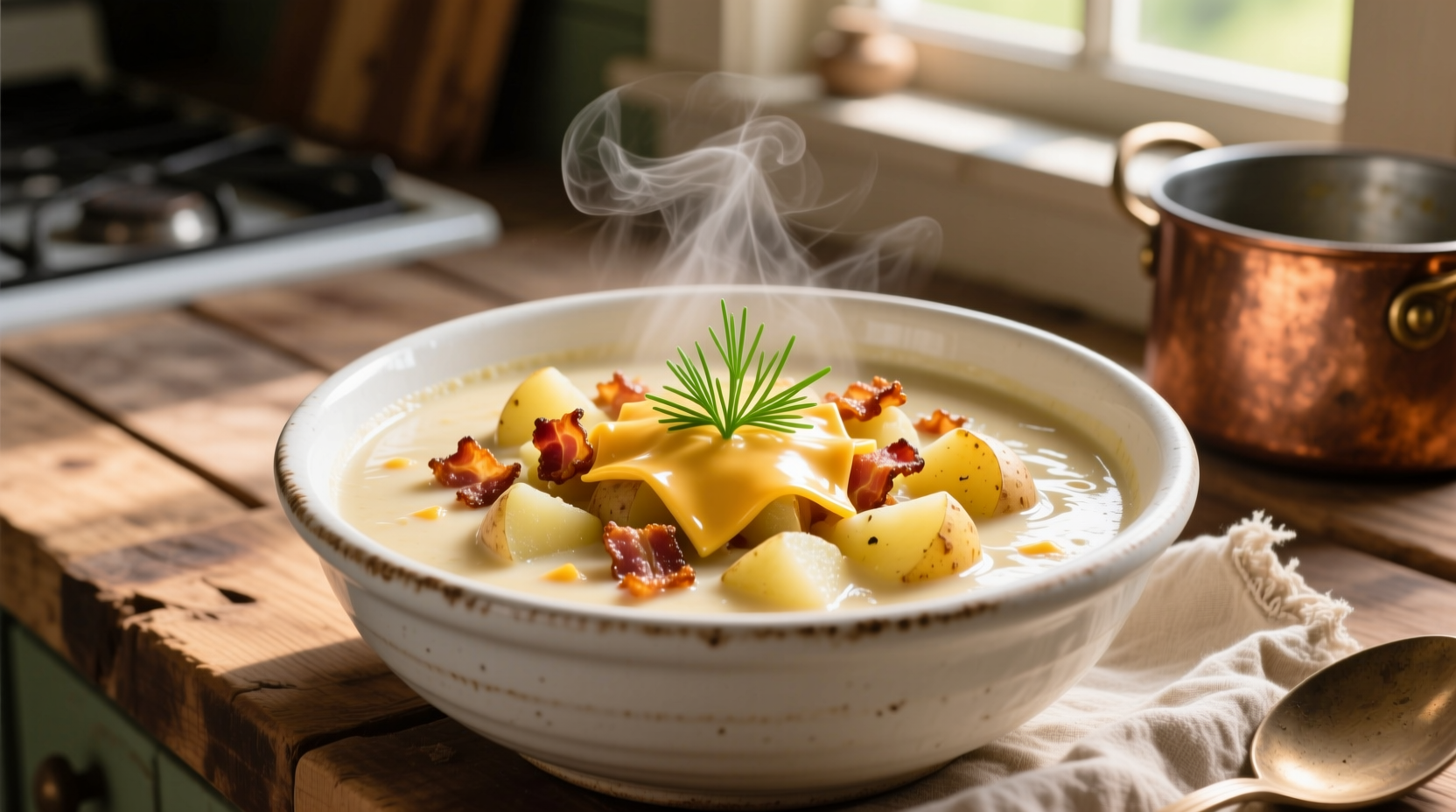 Creamy loaded potato soup in white bowl with bacon and cheddar