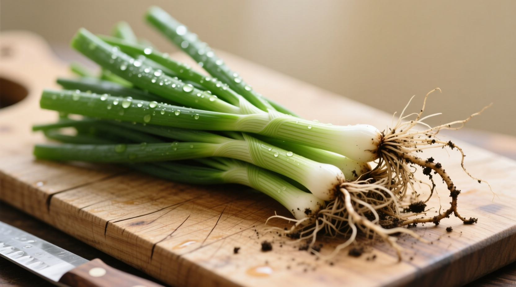 Fresh green onions with roots on wooden cutting board