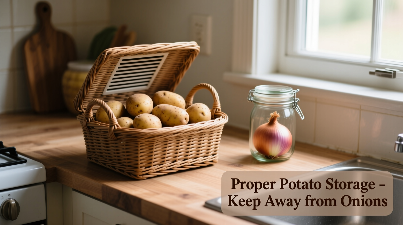 Proper potato storage in ventilated basket away from onions