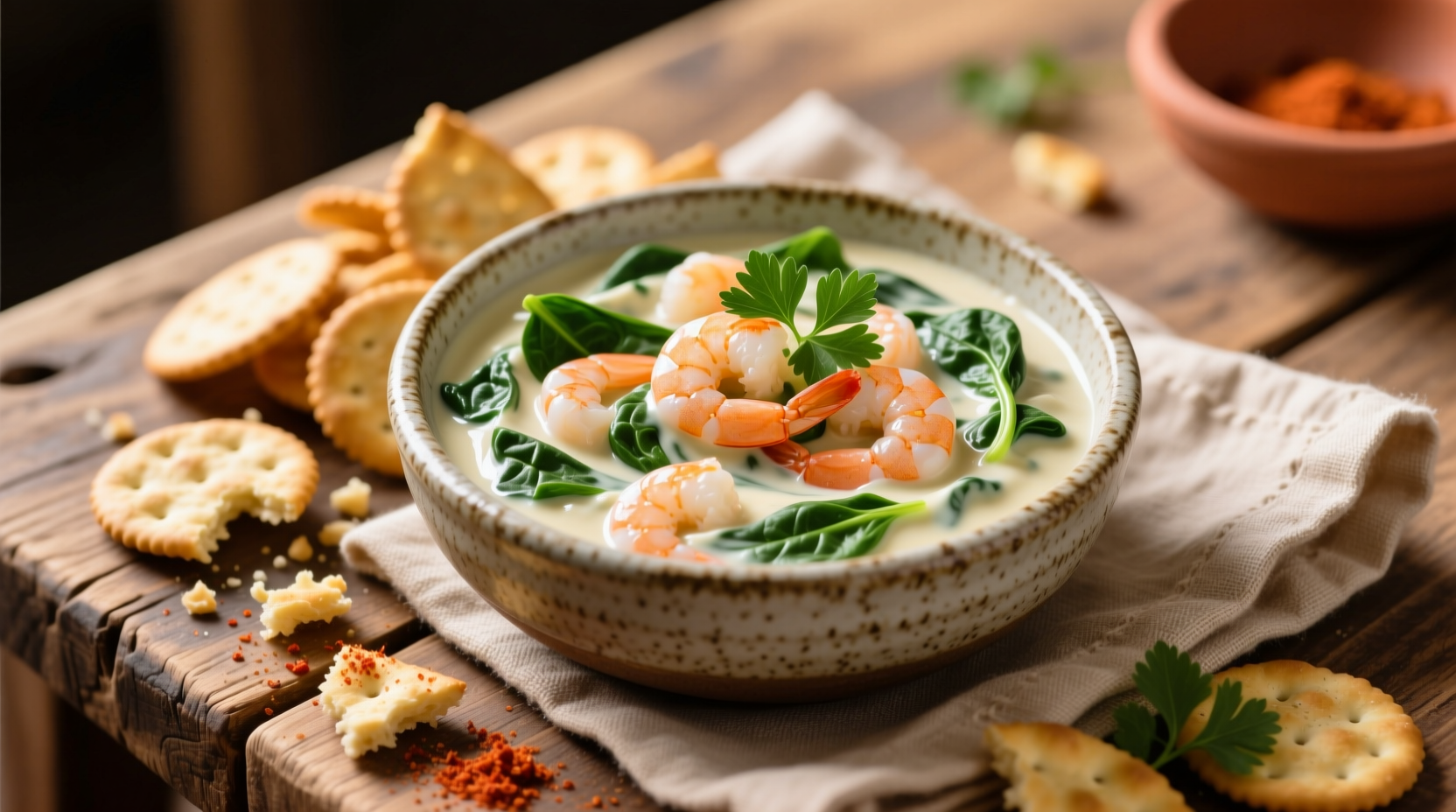 Creamy shrimp and spinach dip in serving bowl with crackers