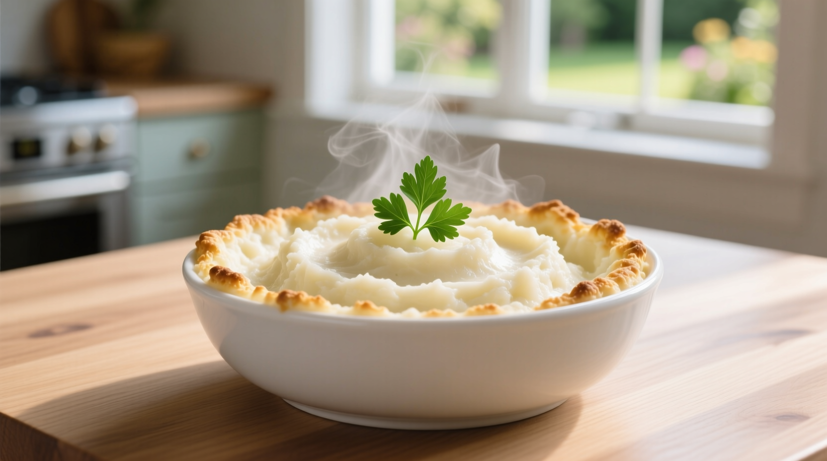 Creamy cauliflower mash in white bowl
