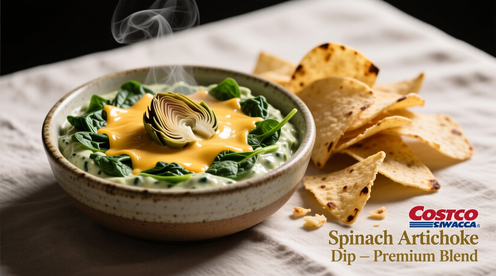Costco spinach artichoke dip served with tortilla chips