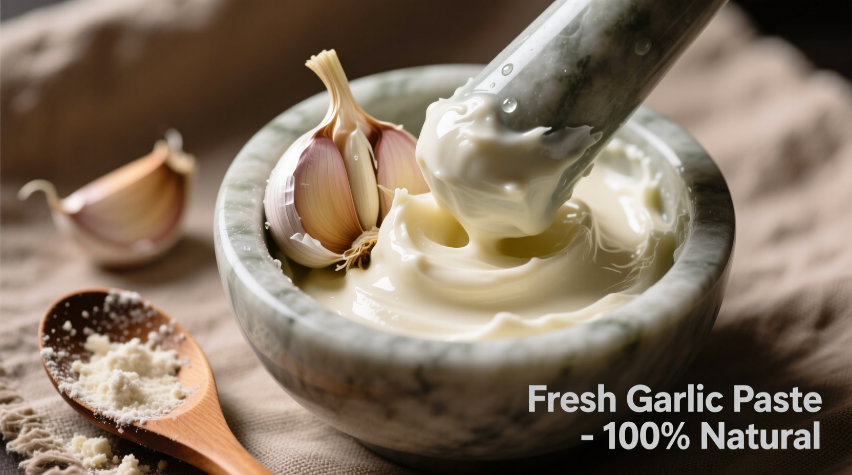 Fresh garlic cloves being processed into smooth paste