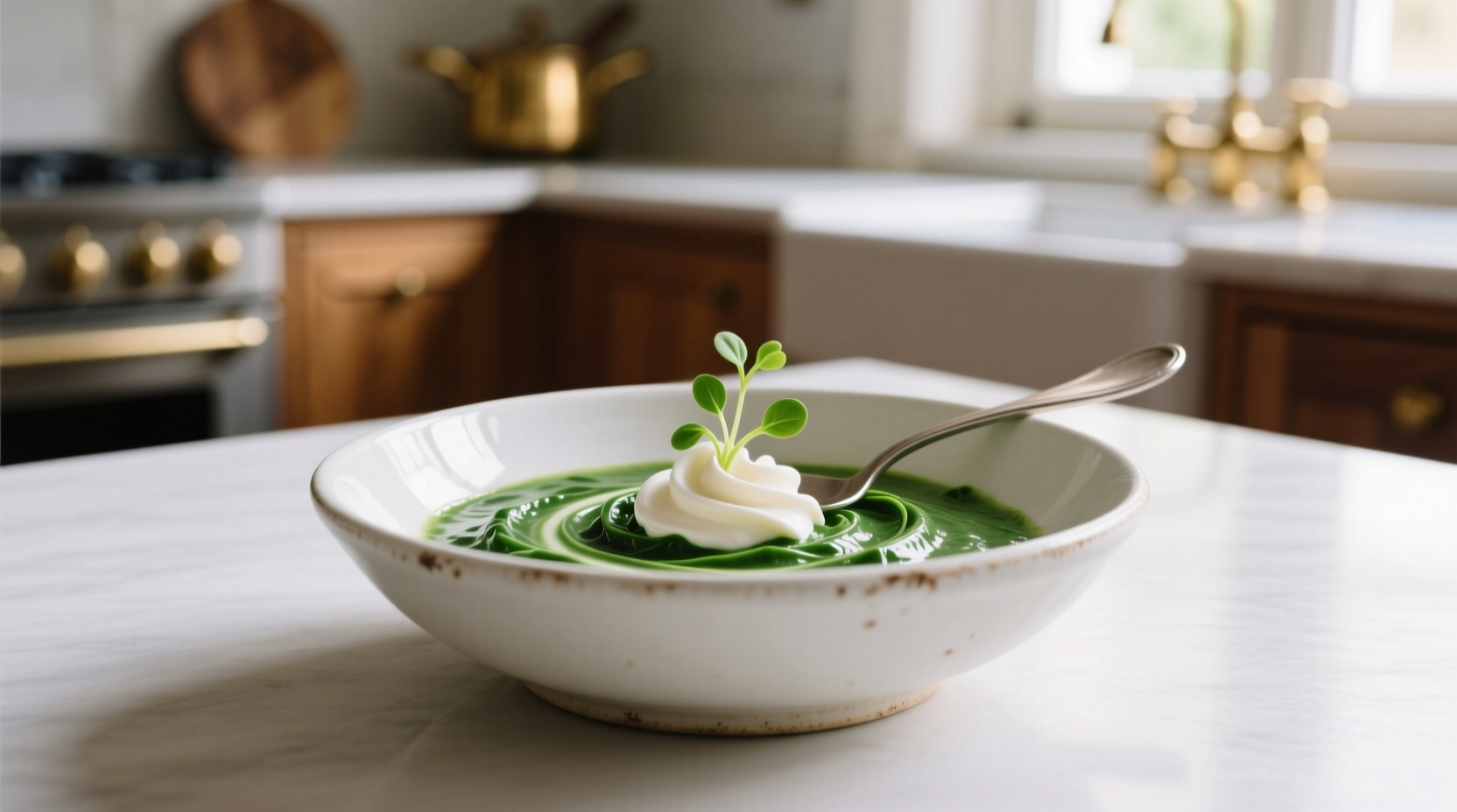 Creamy spinach creme in white porcelain bowl