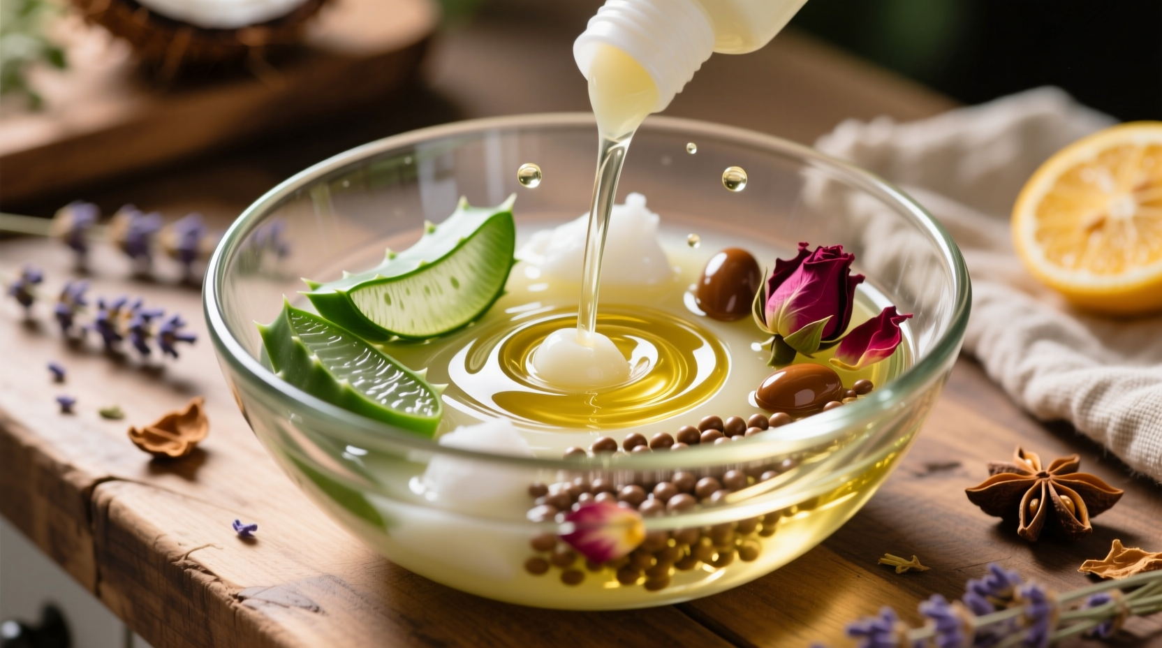 Mixing natural hair conditioner ingredients in glass bowl