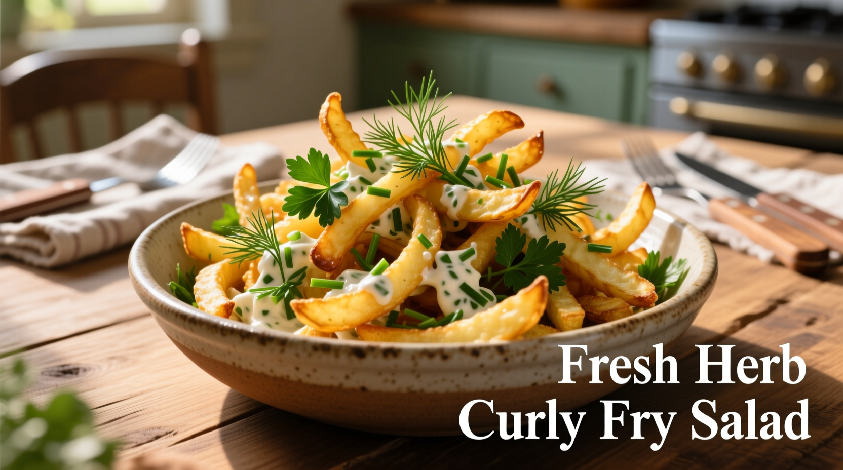 Curly fry potato salad in serving bowl with fresh herbs