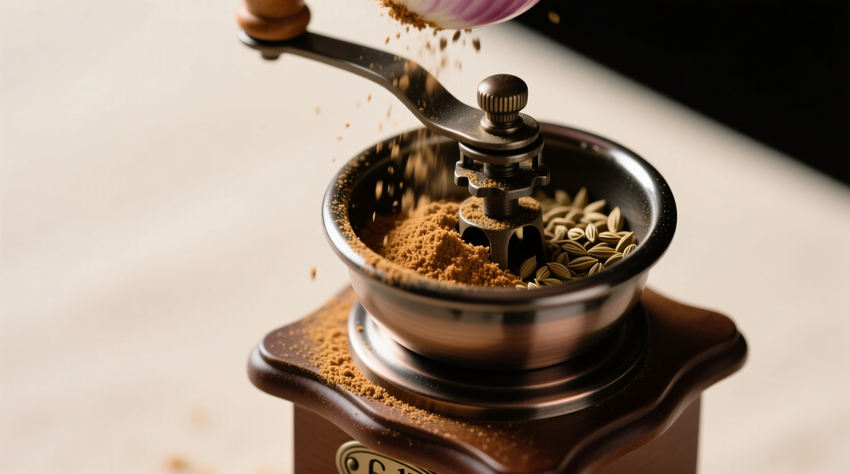 Onion powder mixed with cumin and coriander seeds in spice grinder