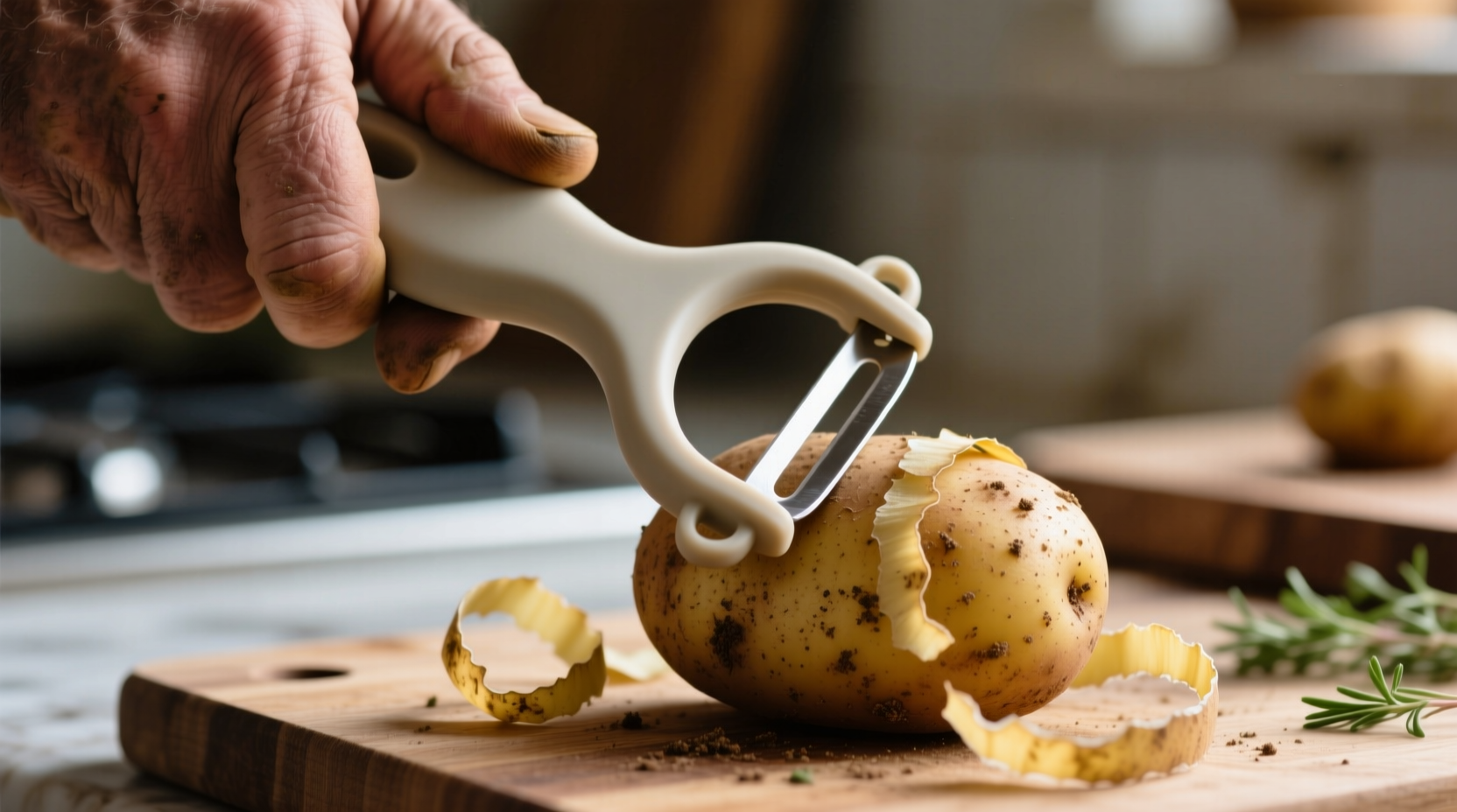 Close-up of hand using ergonomic potato peeler on russet potato