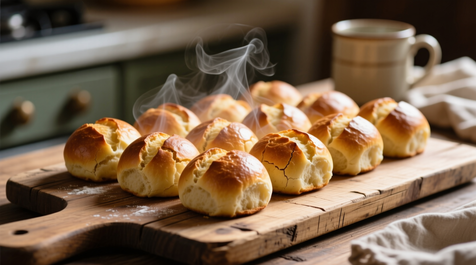 Freshly baked potato buns on wooden board