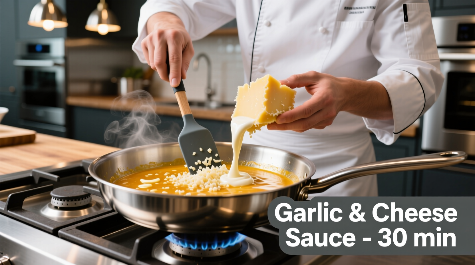 Chef preparing garlic and cheese sauce in stainless steel pan