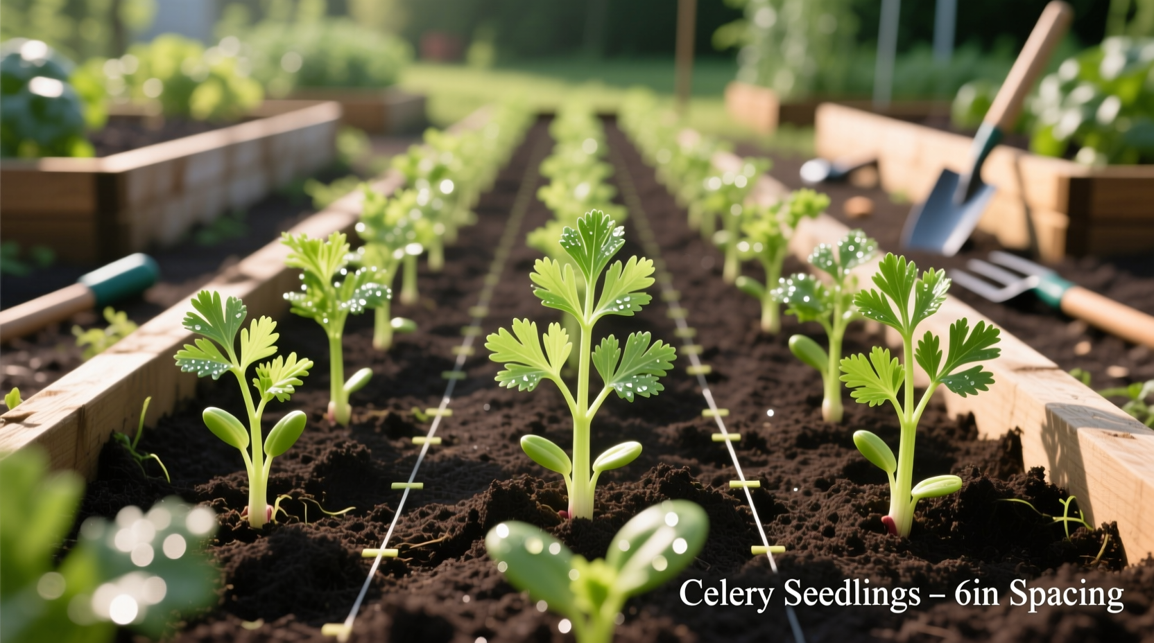 Celery seedlings in garden bed with proper spacing