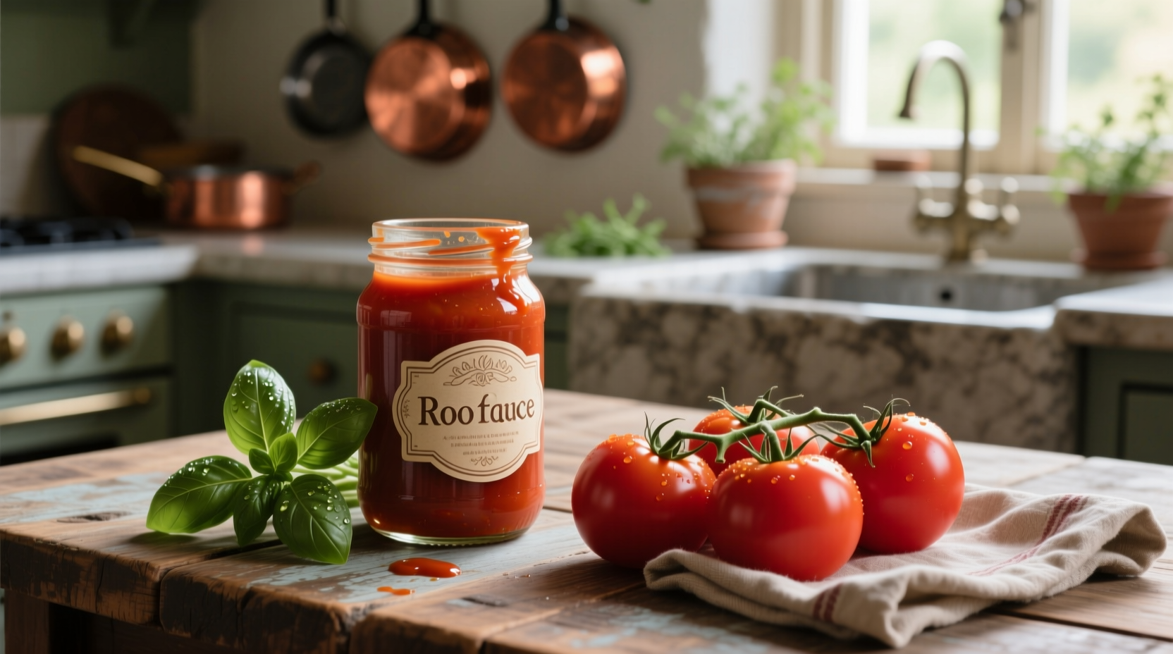 Rao's tomato sauce jar next to fresh basil and tomatoes