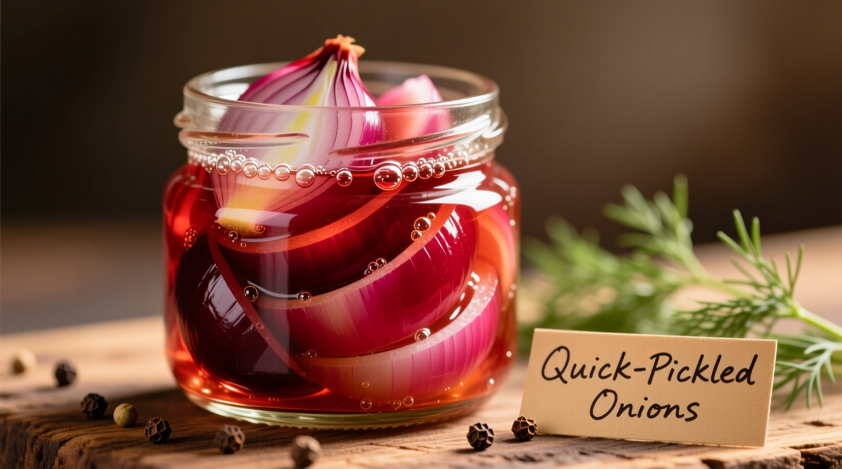 Vibrant red quick pickled onions in glass jar