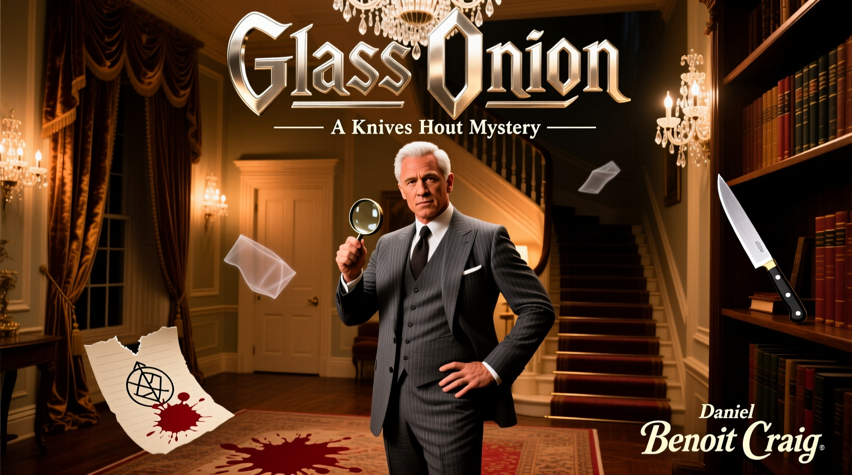 Glass Onion film poster showing Daniel Craig as detective Benoit Blanc