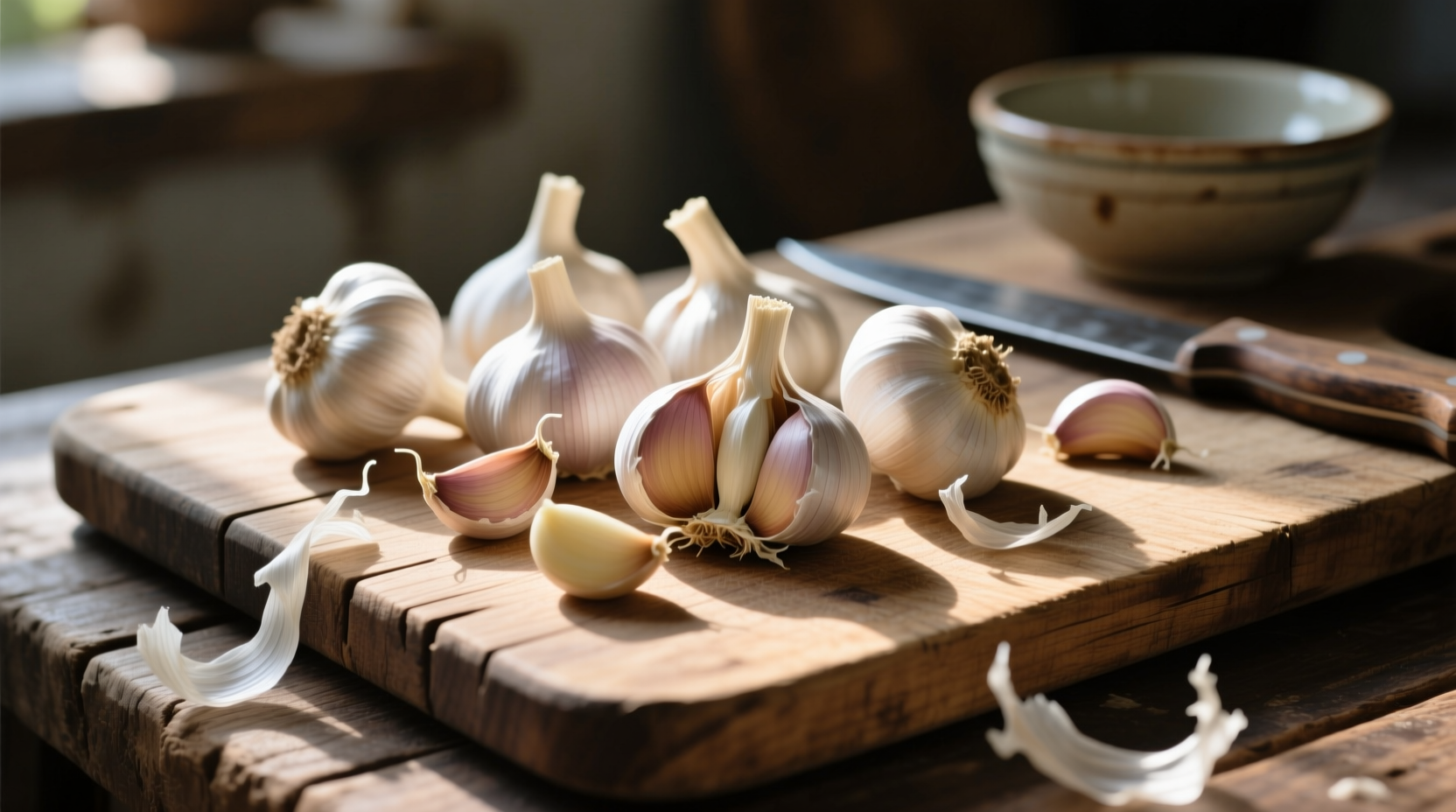 Garlic cloves on wooden cutting board