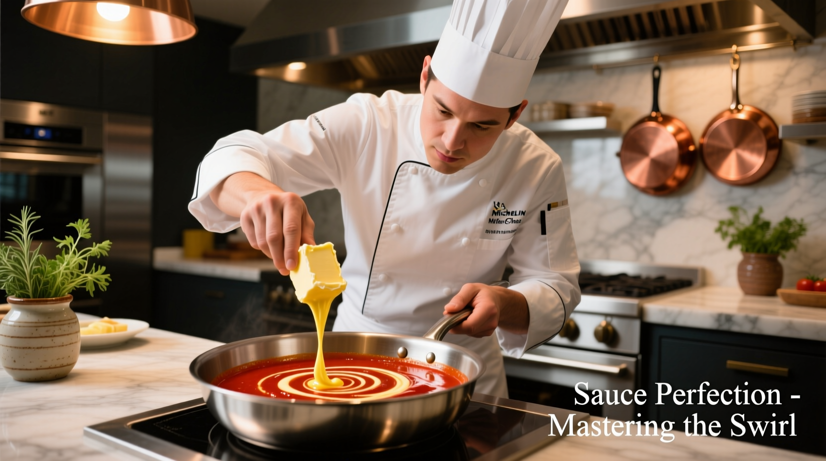 Chef finishing tomato butter sauce with butter swirl