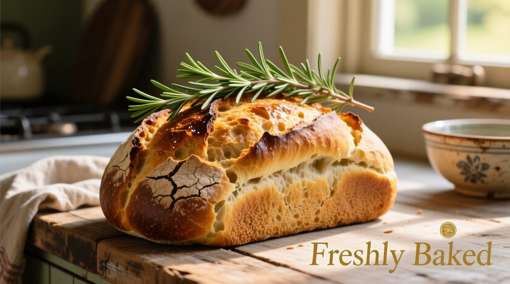Golden rustic bread with rosemary sprigs