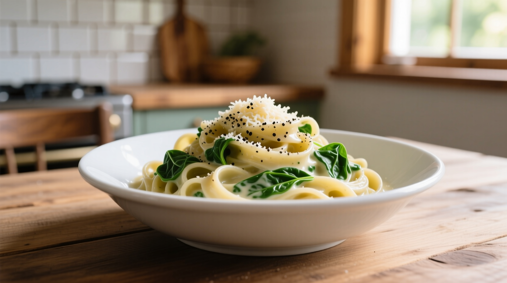 Creamy spinach and ricotta pasta in white bowl