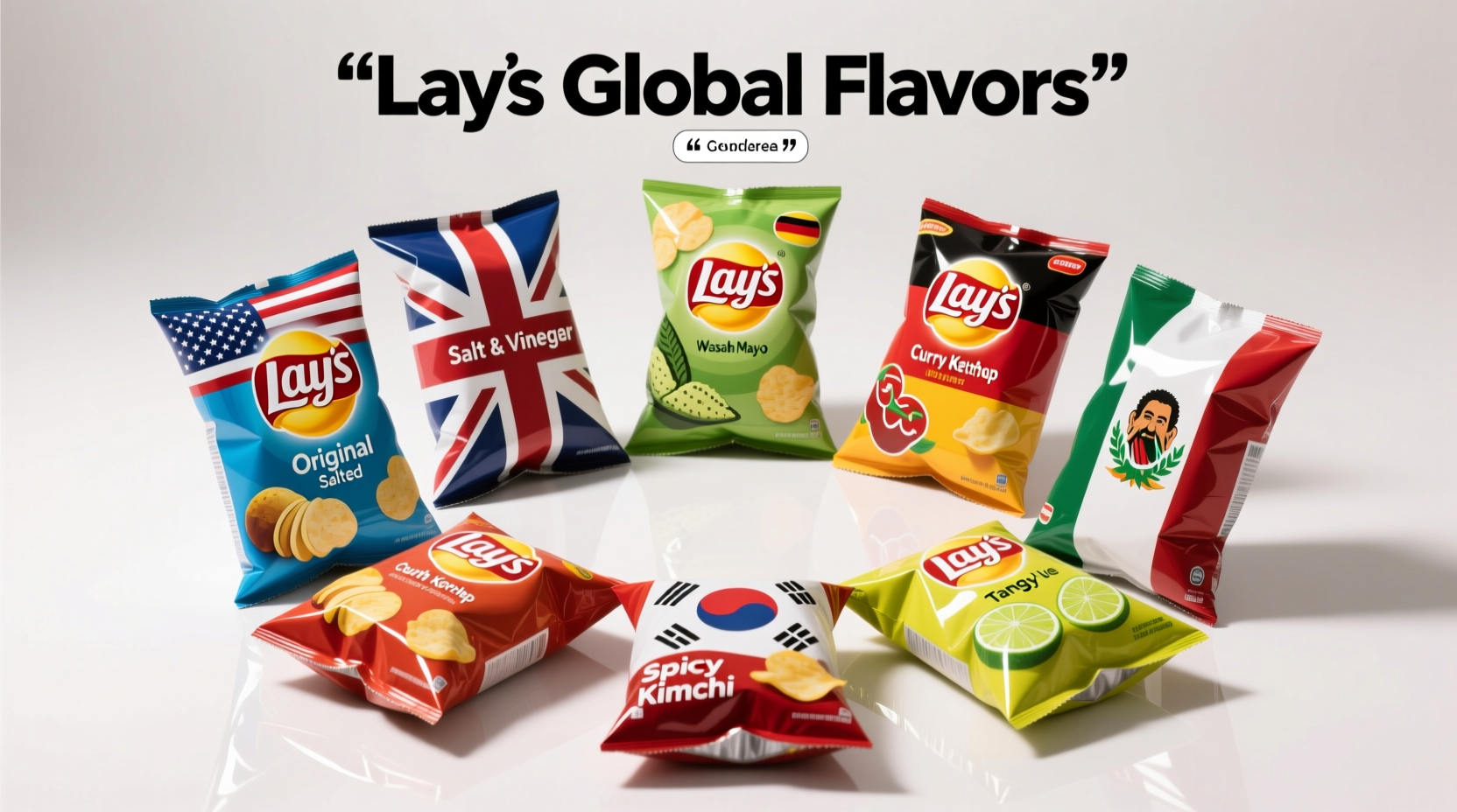 Lay's potato chip varieties from different countries arranged in a circle