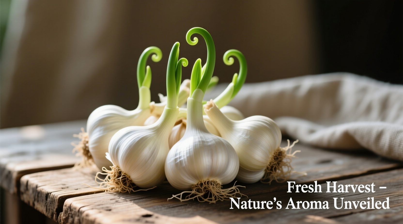 Fresh garlic bulbs with papery skin and green shoots