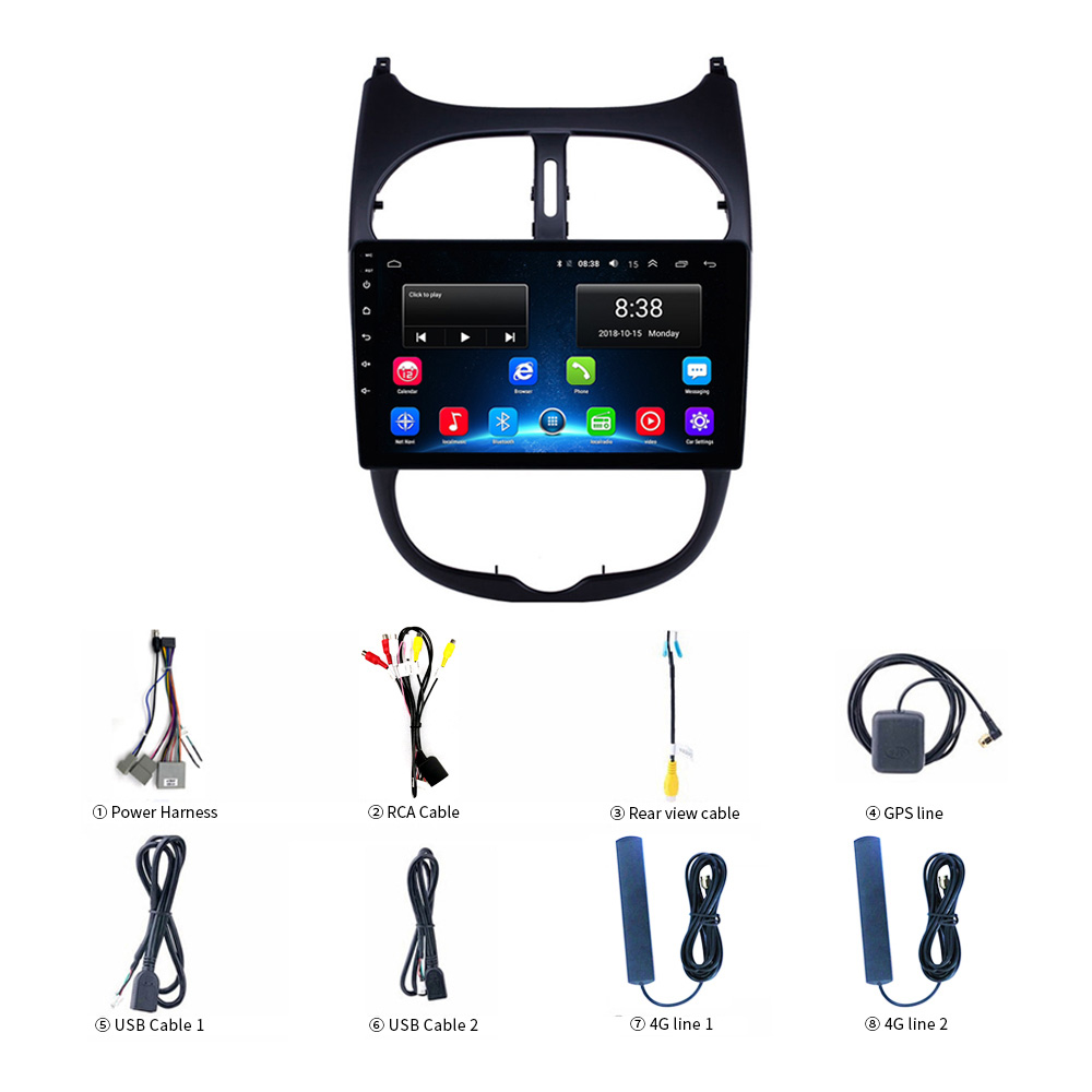 4G Android Navigation & Gps Support Sim Card 9 Inch Car Stereo With FM/AM/RDS/AHD/DSP Car Radio Video For Peugeot 206