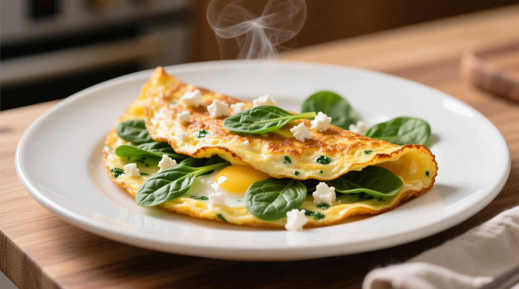 Perfect golden spinach and feta omelette on white plate