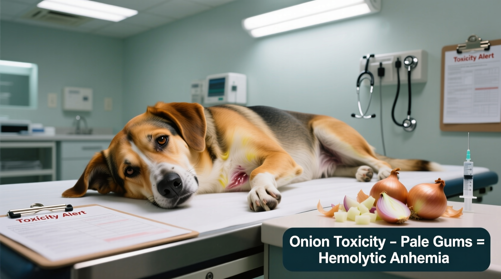 Dog showing signs of onion toxicity with pale gums