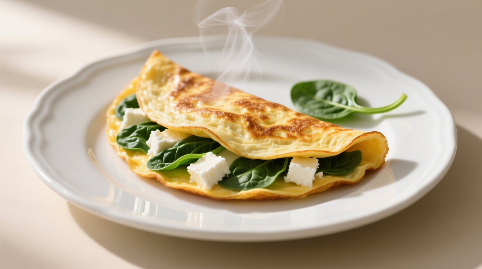 Perfectly folded spinach and feta cheese omelette on white plate
