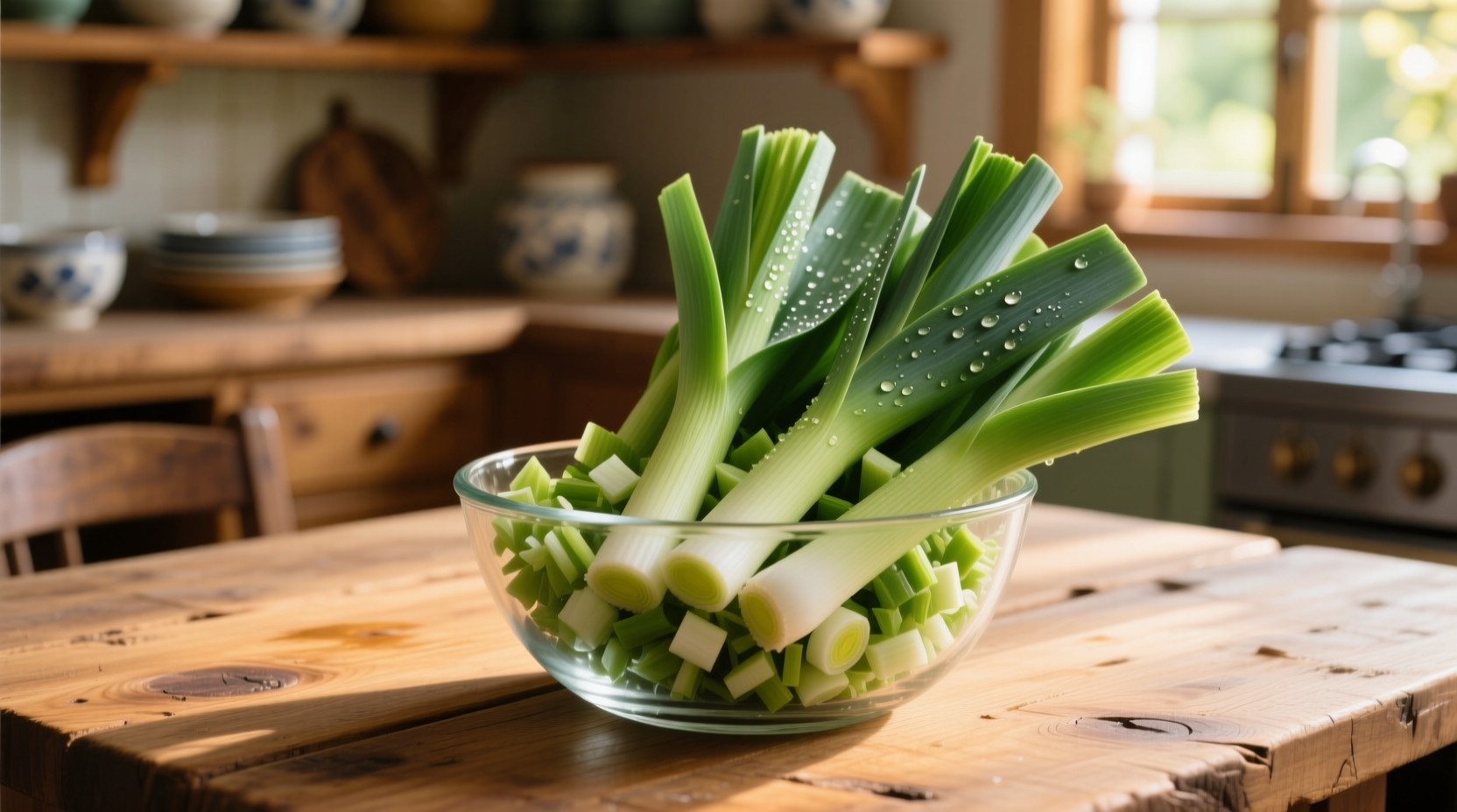 Chopped leek tops in glass bowl on wooden table