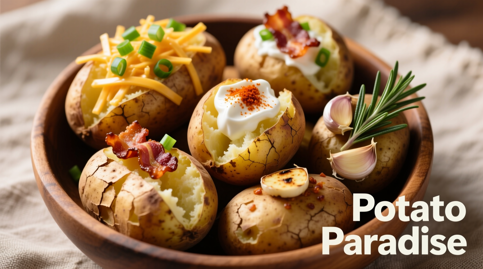 Variety of baked potatoes with different toppings