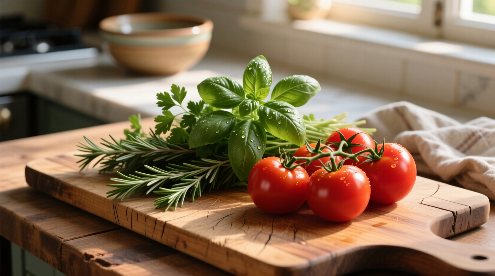 Fresh tomatoes and herbs on wooden cutting board