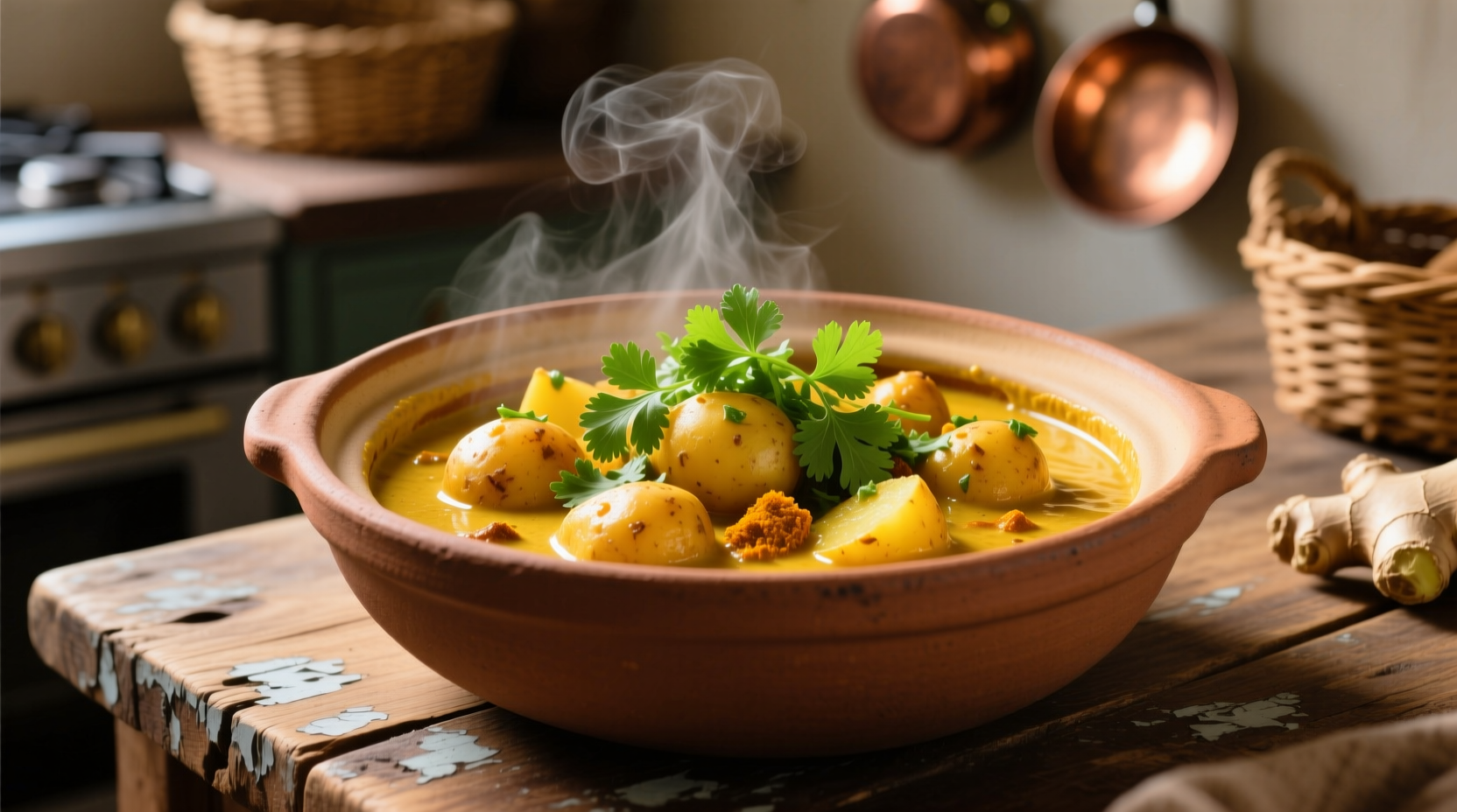Golden potato curry in clay pot with fresh cilantro