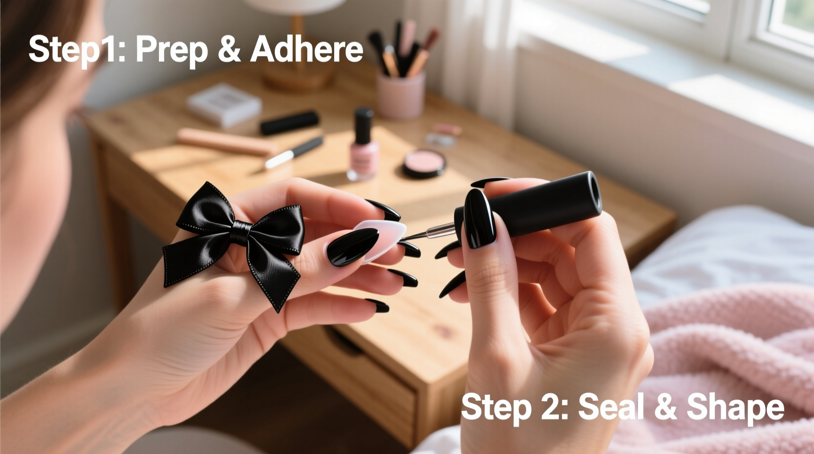 step by step guide to perfectly applying black bowknot coffin fake nails at home
