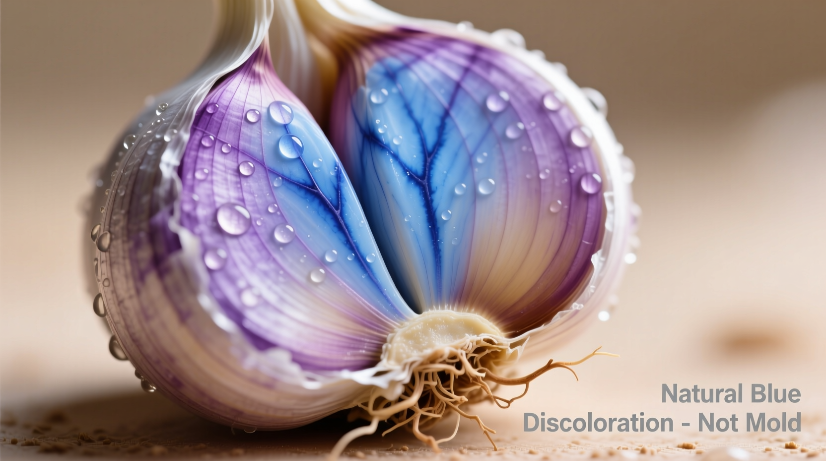 Close-up of fresh garlic cloves showing natural blue discoloration