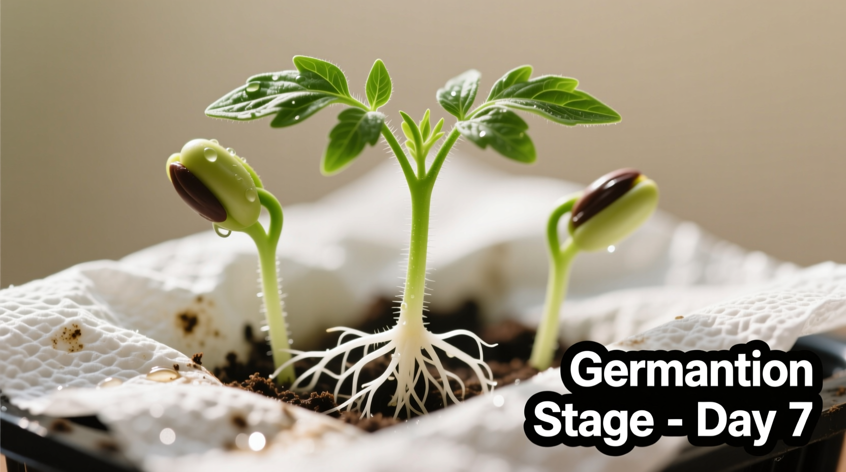Healthy tomato seedlings with white root hairs emerging from paper towel