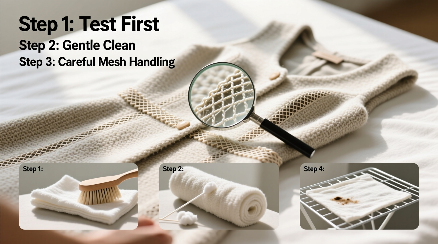 step by step guide to safely cleaning a woolen tweed dress with delicate mesh stitching