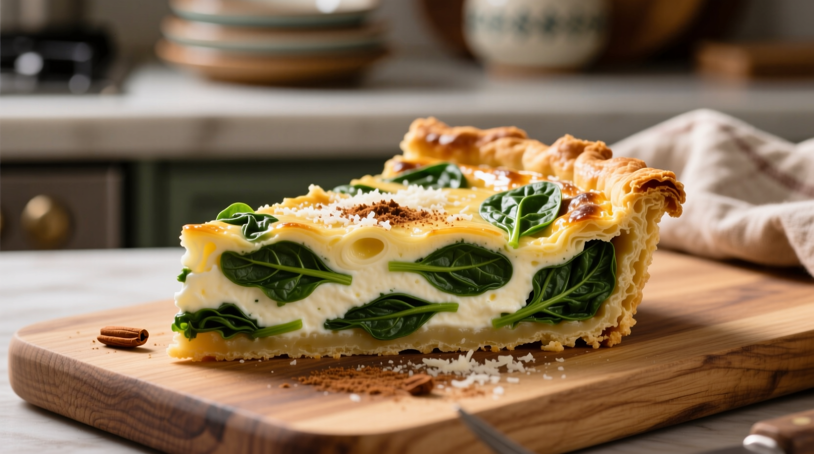 Golden spinach ricotta quiche with perfect slice showing layered filling