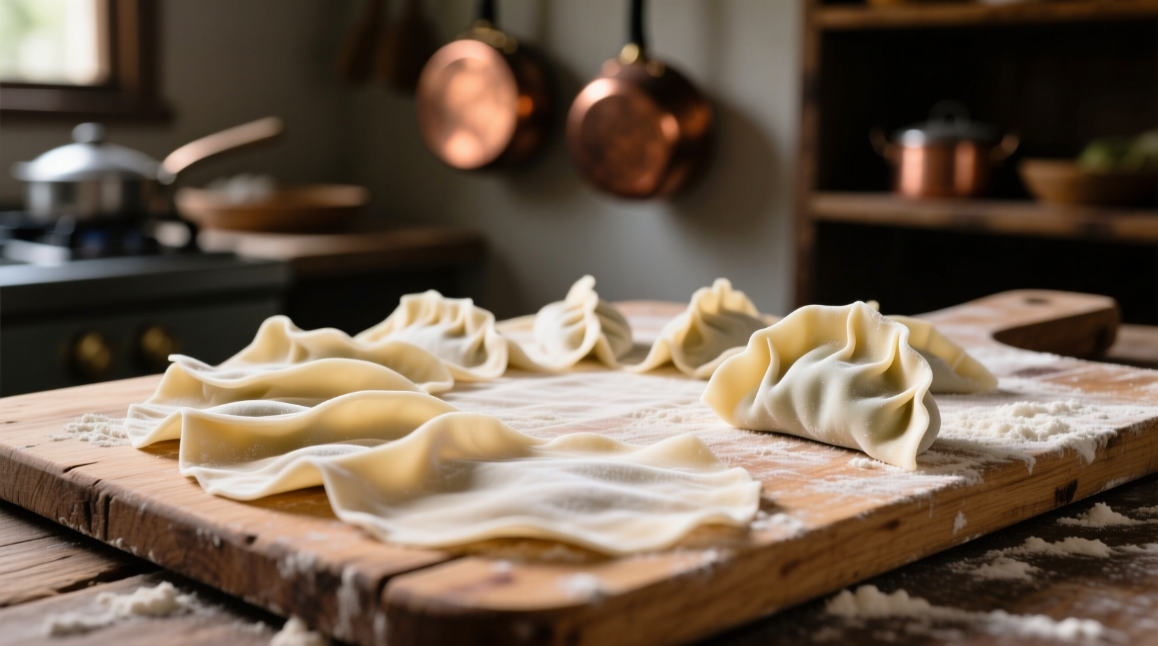 Freshly made dumpling wrappers on wooden board