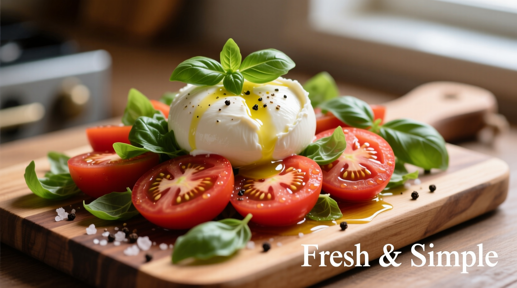 Fresh tomato burrata salad with basil garnish