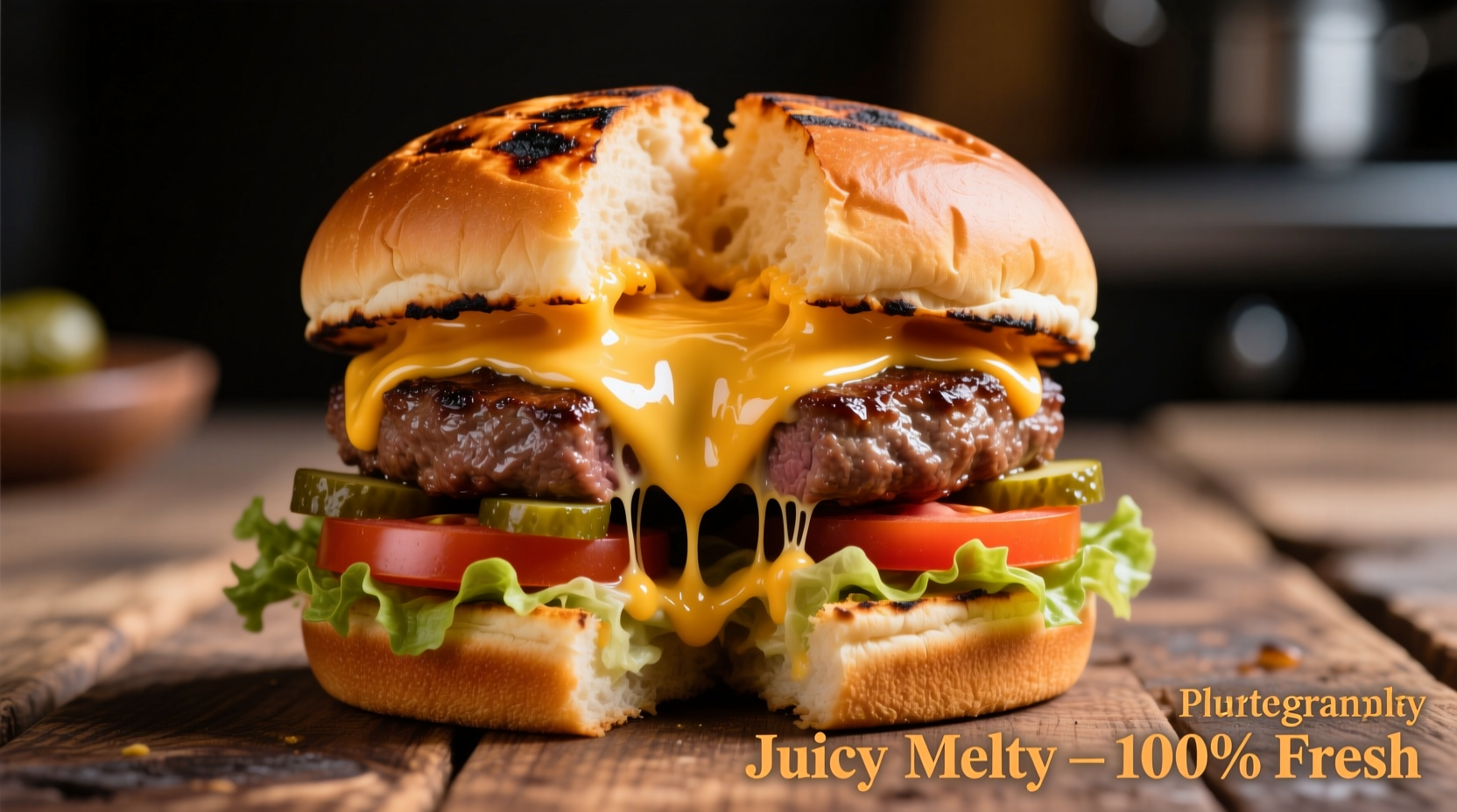 Juicy hamburger with melted cheese on toasted bun