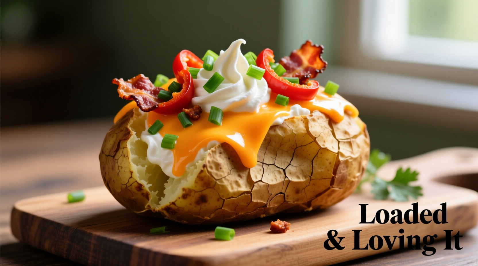 Loaded baked potato with colorful toppings arranged artfully