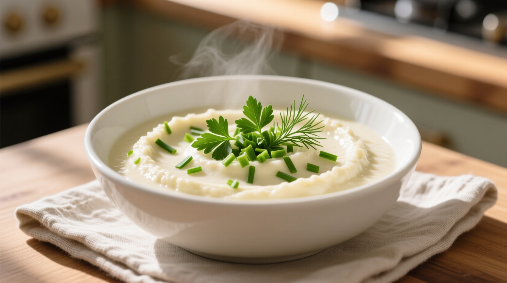 Creamy cauliflower puree in white bowl with fresh herbs