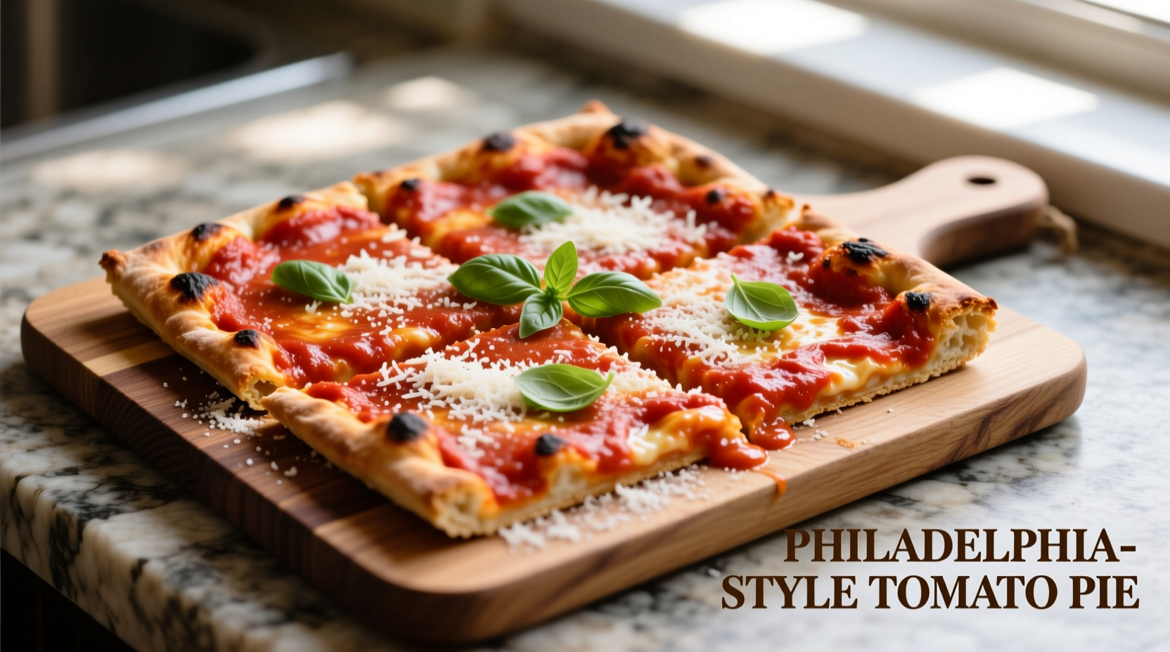 Philadelphia-style square tomato pie with red sauce on thin crust