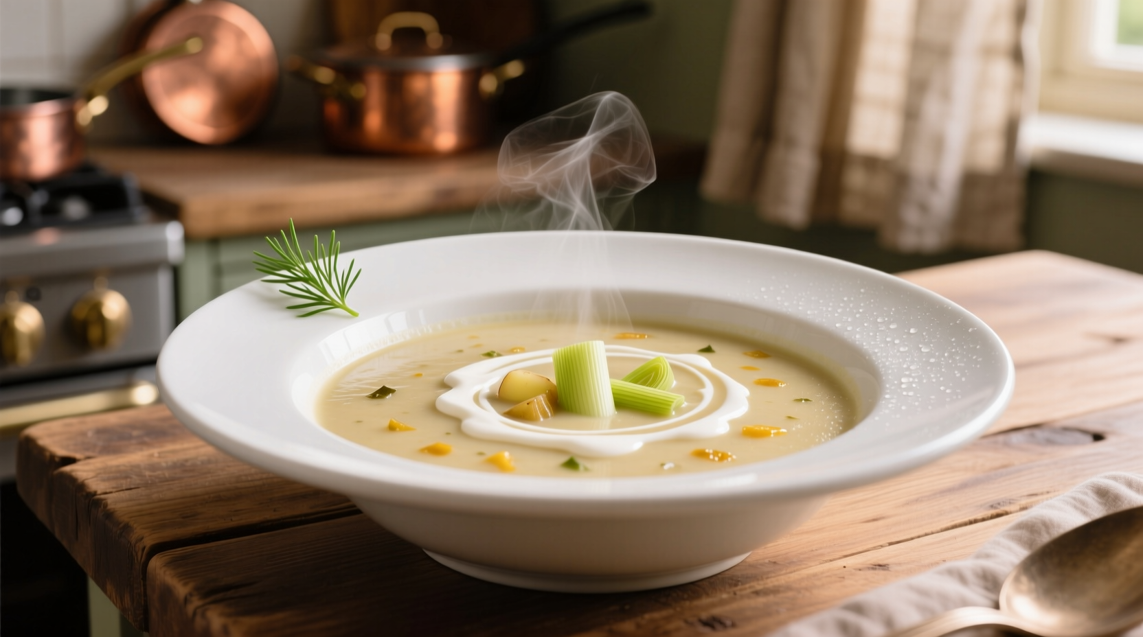 Jamie Oliver potato leek soup in white bowl