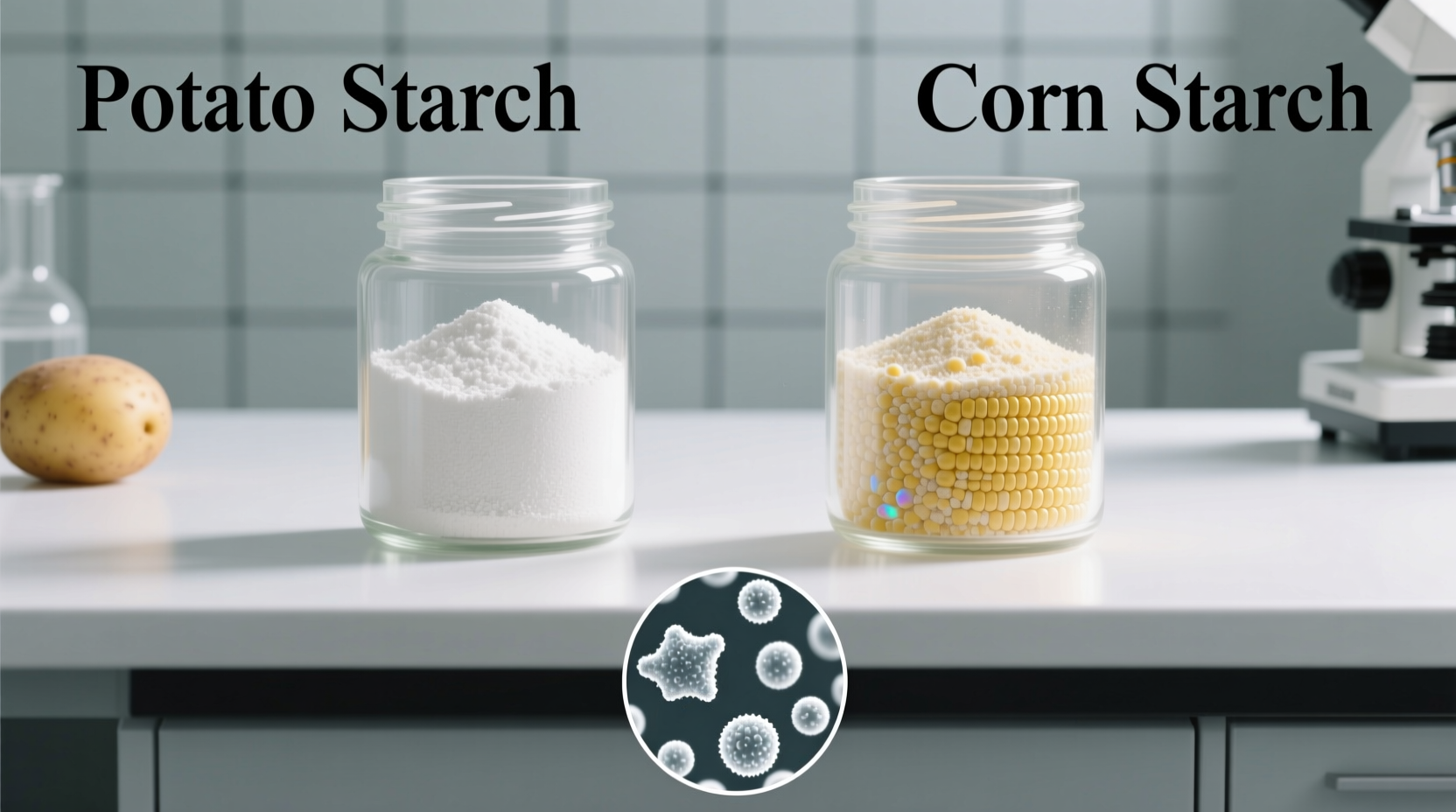 Potato starch and cornstarch comparison in glass jars