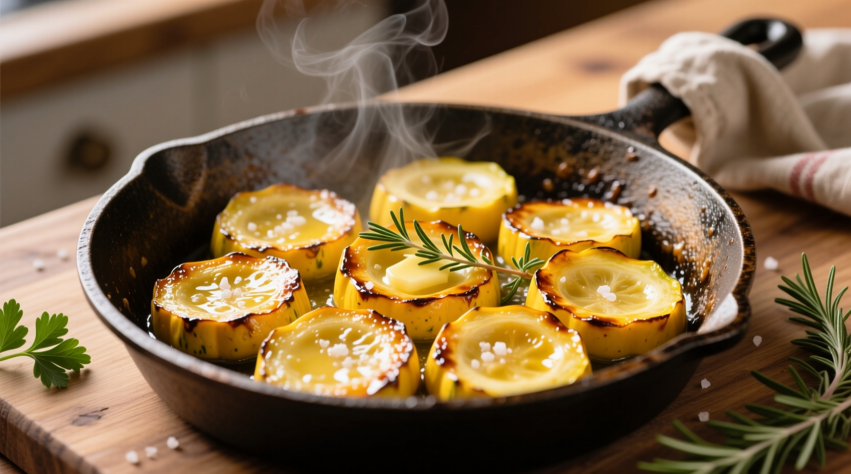 Perfectly sautéed yellow squash in a cast iron skillet