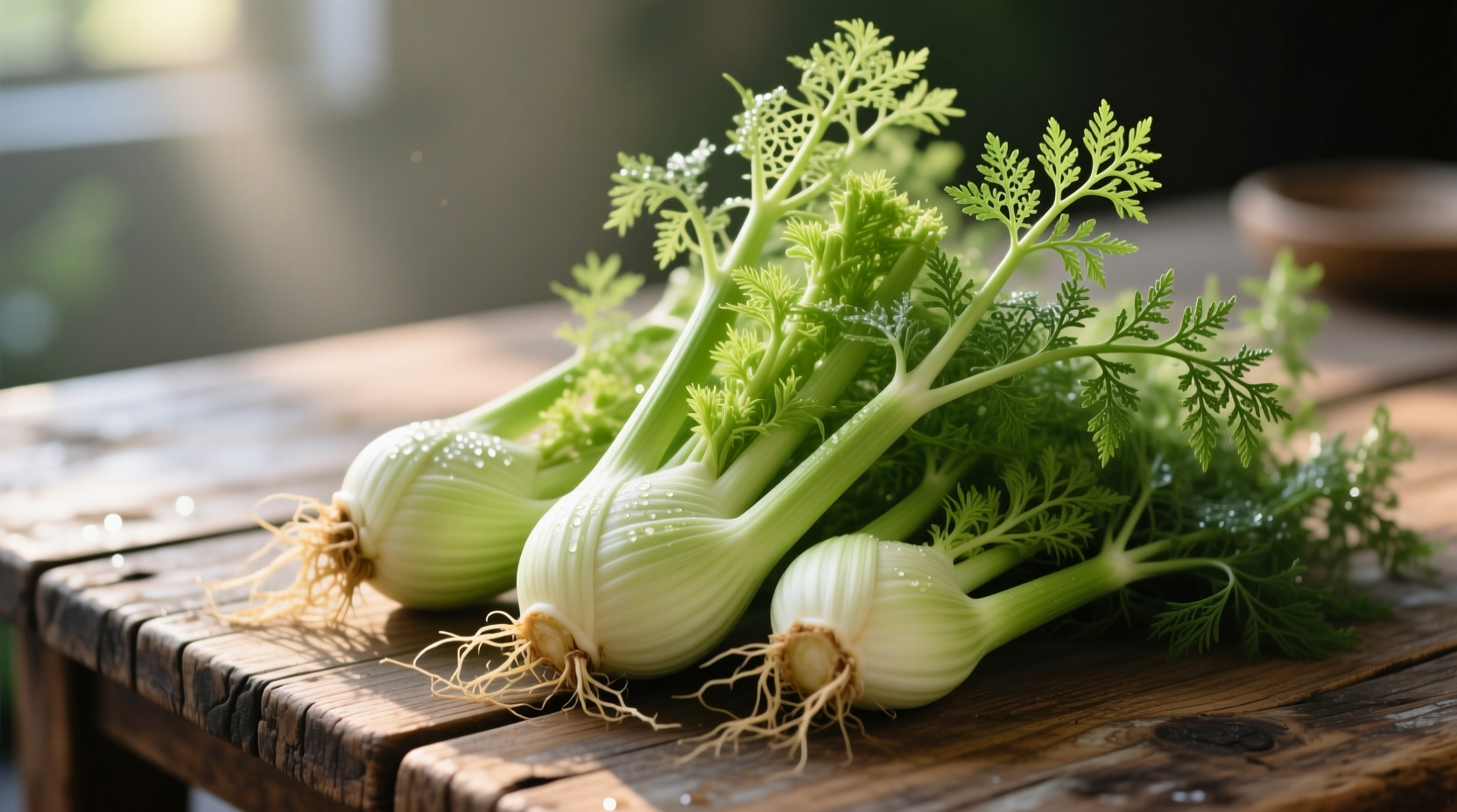 Fresh fennel bulbs with feathery fronds on wooden table