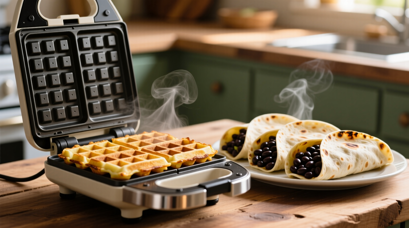 prep cook waffle iron hash browns black bean taquitos