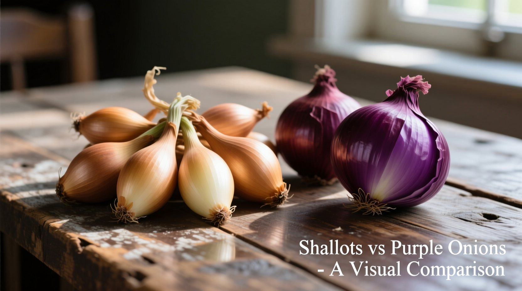 Shallots and purple onions side by side comparison